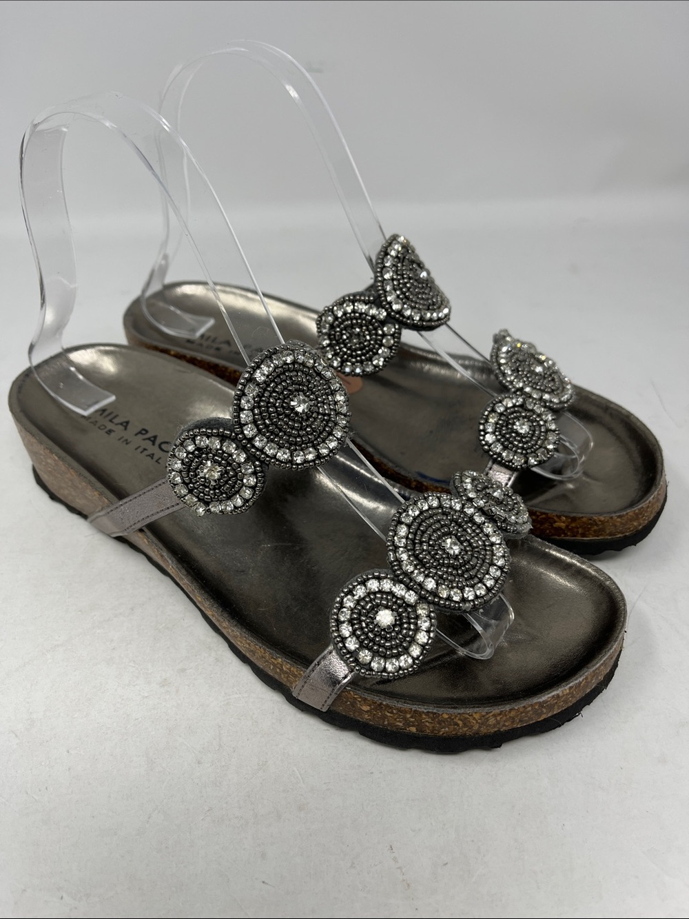 MILA PAOLI PEWTER METALLIC EMBELLISHED RHINESTONE SANDALS MADE IN ITALY SZ 7
